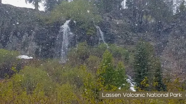 a waterfall is seen in the snow with trees in the background
