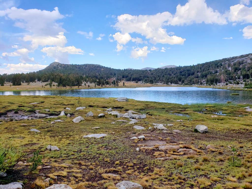 a lake surrounded by grass and rocks in the mountains