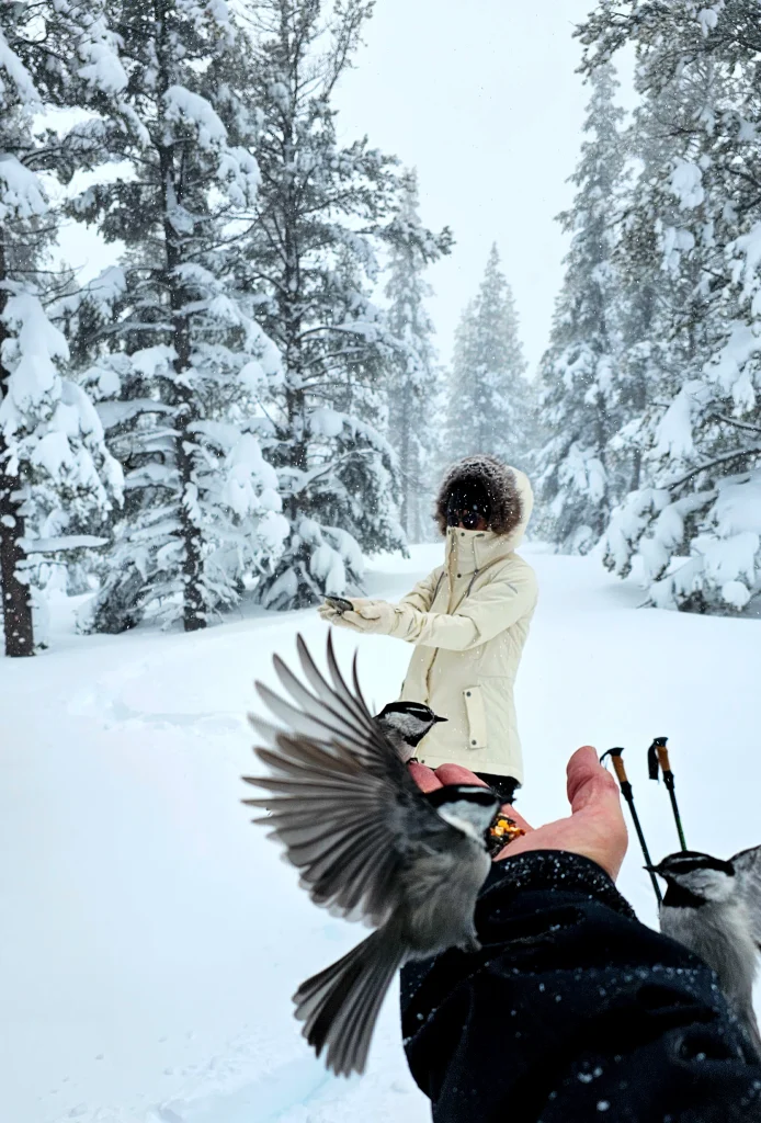 Chickadee birds being feed lake tahoe