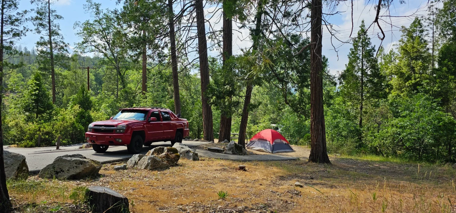Camping and red truck bass lake