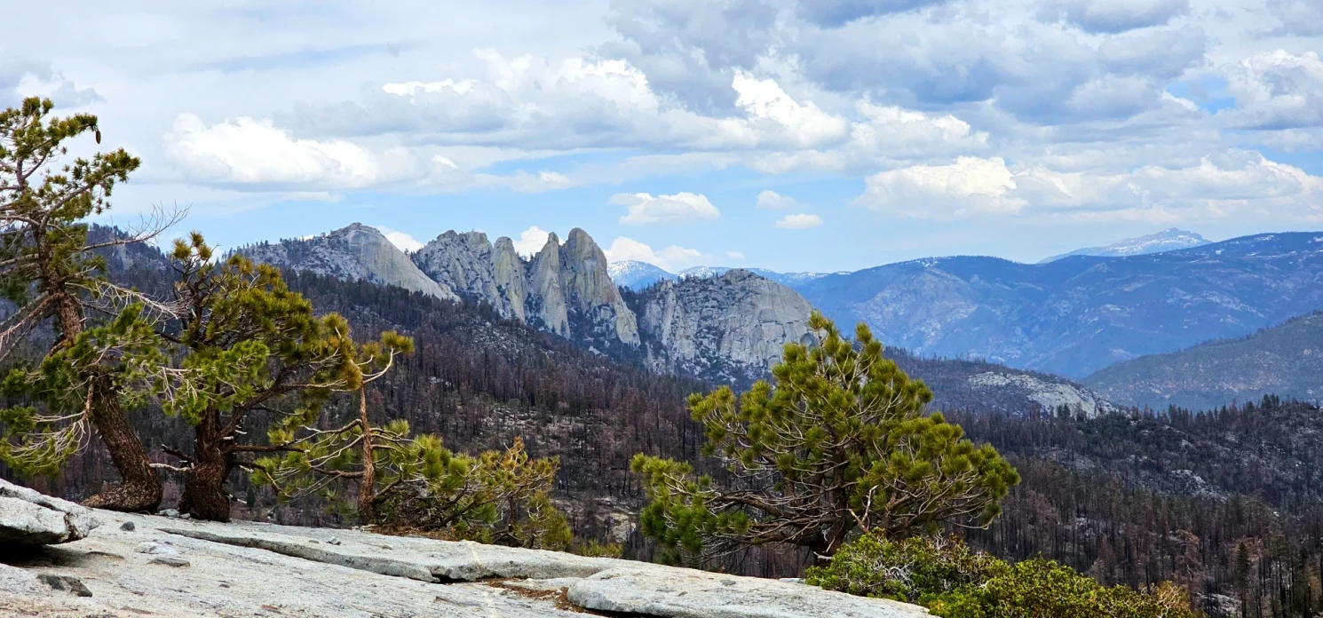 a view of the mountains and trees from a rocky mountain top