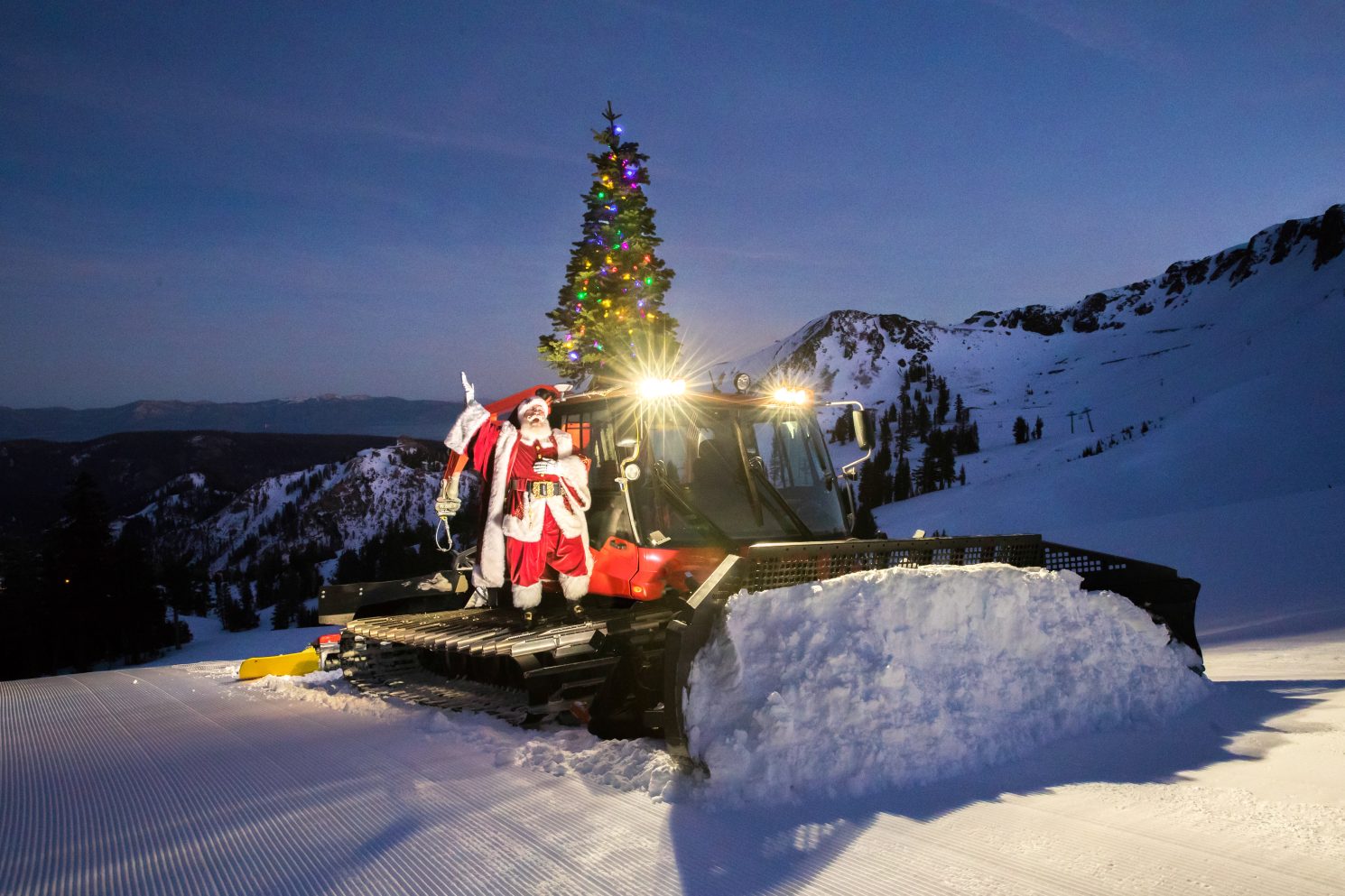 Santa on snow plow in Tahoe