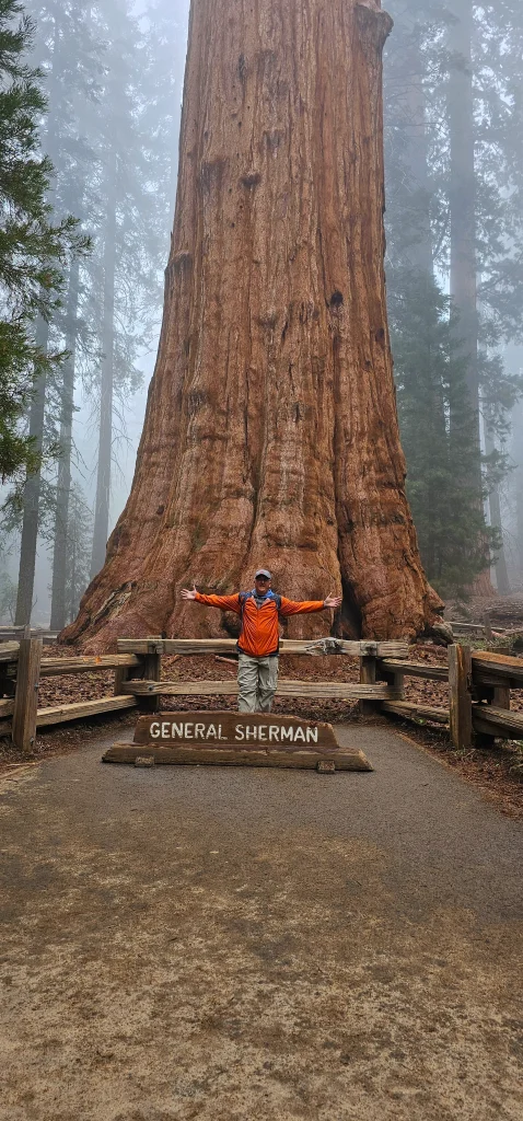 General Sherman Tree and man with arms wide open