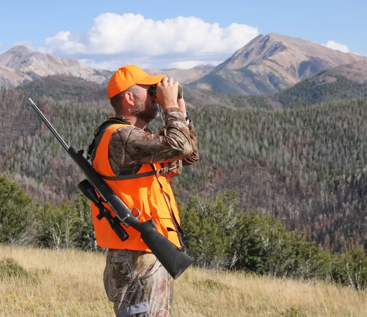 A man wearing camouflage and an orange vest has a gun slung across his arm as he looks through a pair of binoculars.